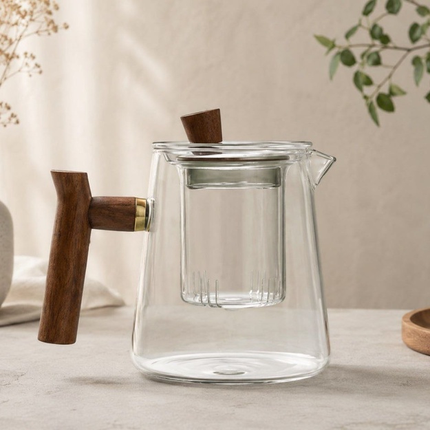 Stiklinis arbatinukas su medine rankena ir išimamu sieteliu, 550 ml