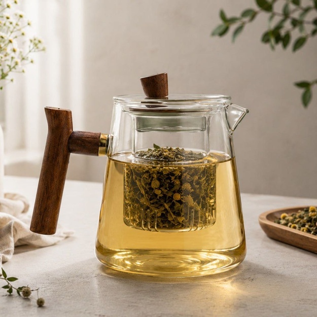 Stiklinis arbatinukas su medine rankena ir išimamu sieteliu, 550 ml
